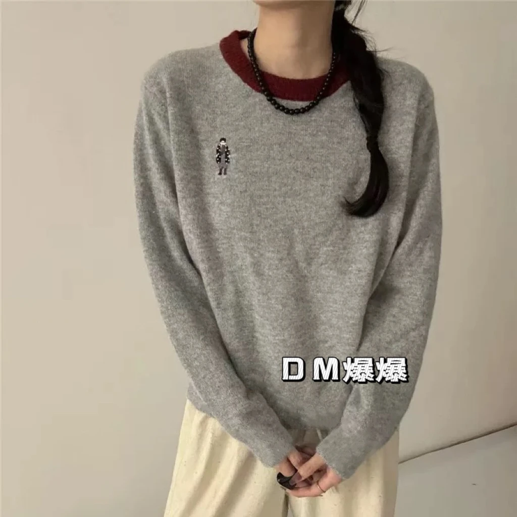 韩版刺绣人物图案仿羊绒刺绣宽松慵懒软软糯糯羊绒手感休闲