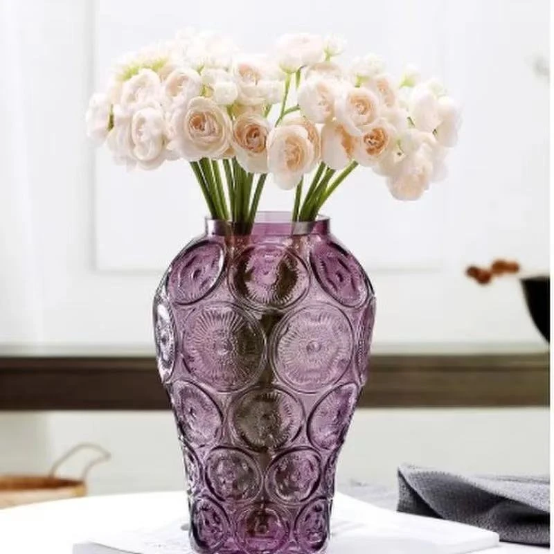 若奈法国浮雕琉璃“藏品银莲”Lalique莱*丽绛紫色水晶感莱利花瓶