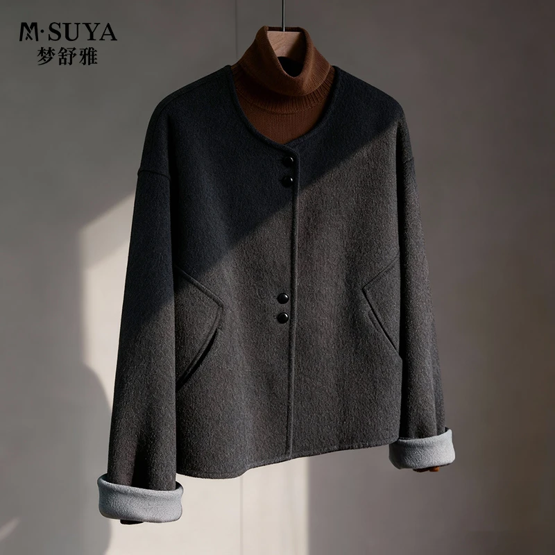 M·SUYA/梦舒雅小香风双面大衣女短款新款韩版宽松双面大衣26610