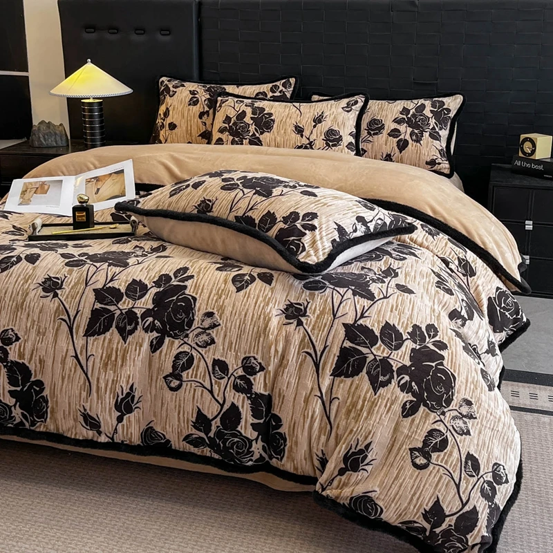 轻奢复古风雕花加厚牛奶绒四件套冬季双面绒被套加绒床单床笠床品