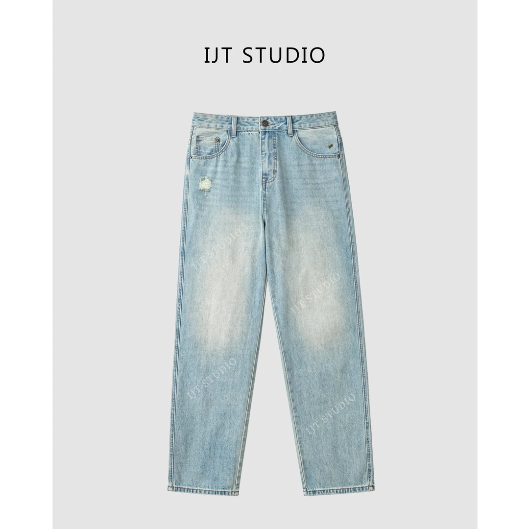 IJT studio春款新款时尚百搭简约水洗直筒牛仔长裤D66116
