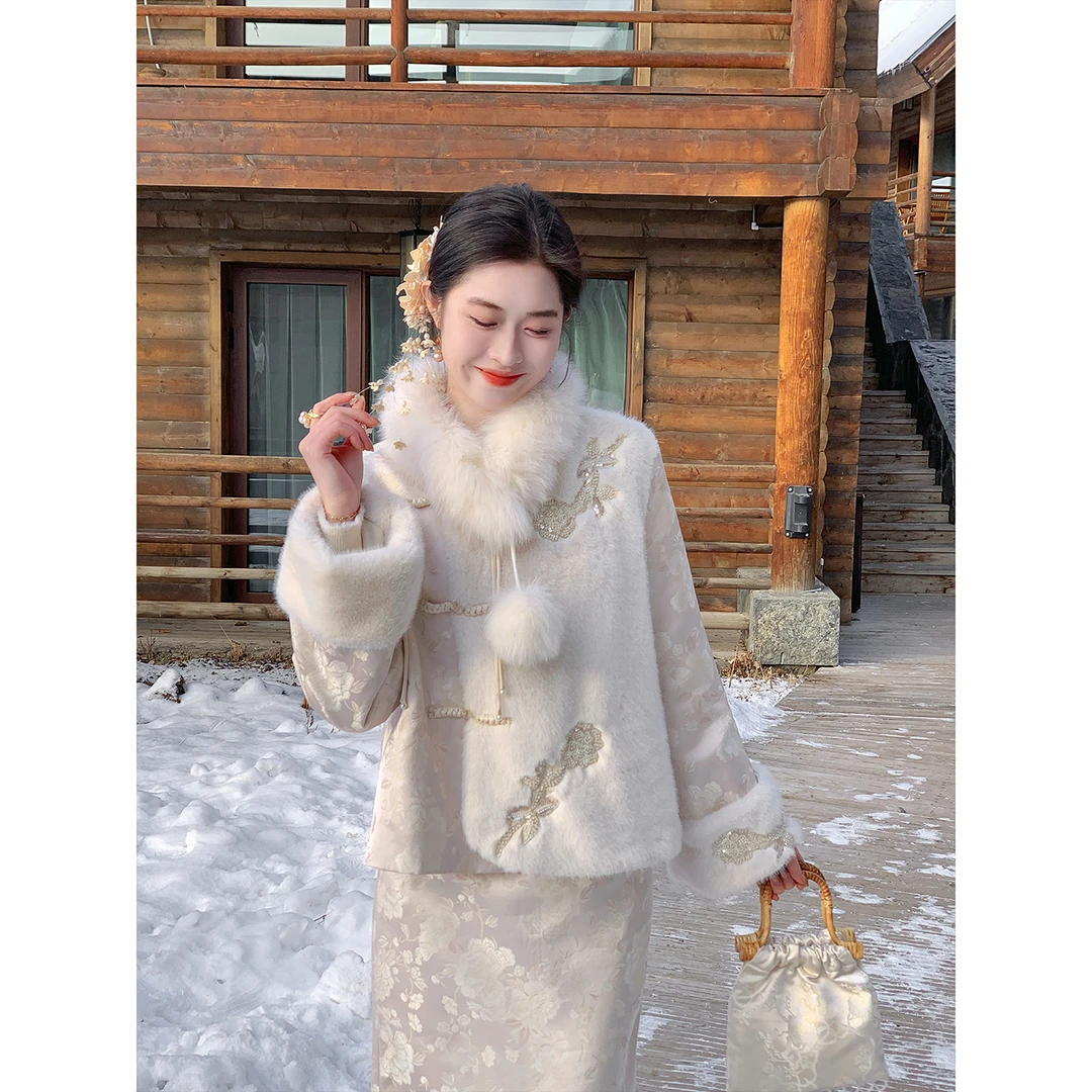 凌茜恣禾【云栖锦】新中式织锦提花夹棉外套提花绒里直筒半身裙套装