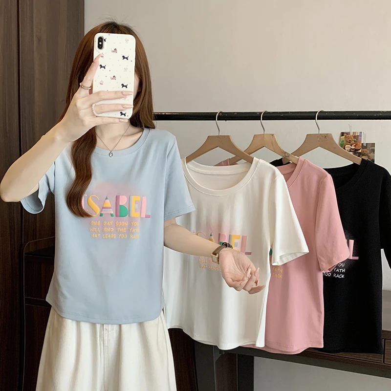 大码胖mm韩系设计感字母印花圆领T恤女夏季百搭宽松显瘦短袖上衣