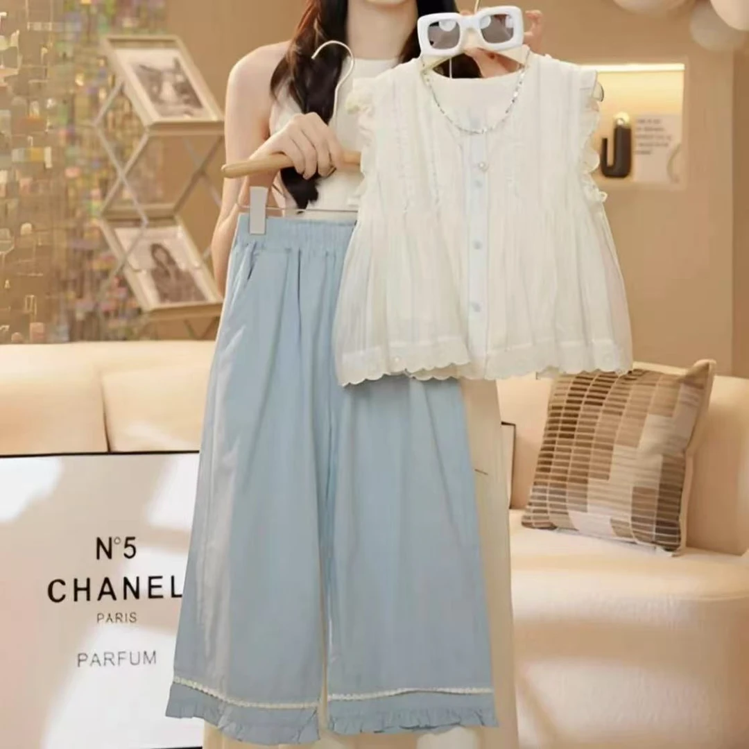 女童夏季套装2025新款韩版夏装洋气小女孩木耳边上衣九分裤套装潮