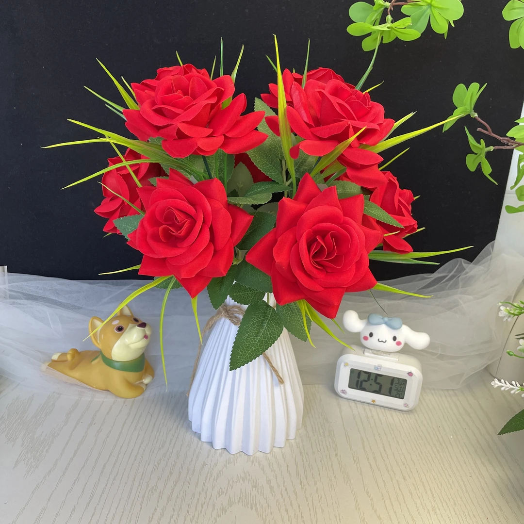 [带花瓶]新款手穿玫瑰花花瓣配件花杆花叶配草全套材料包非成品