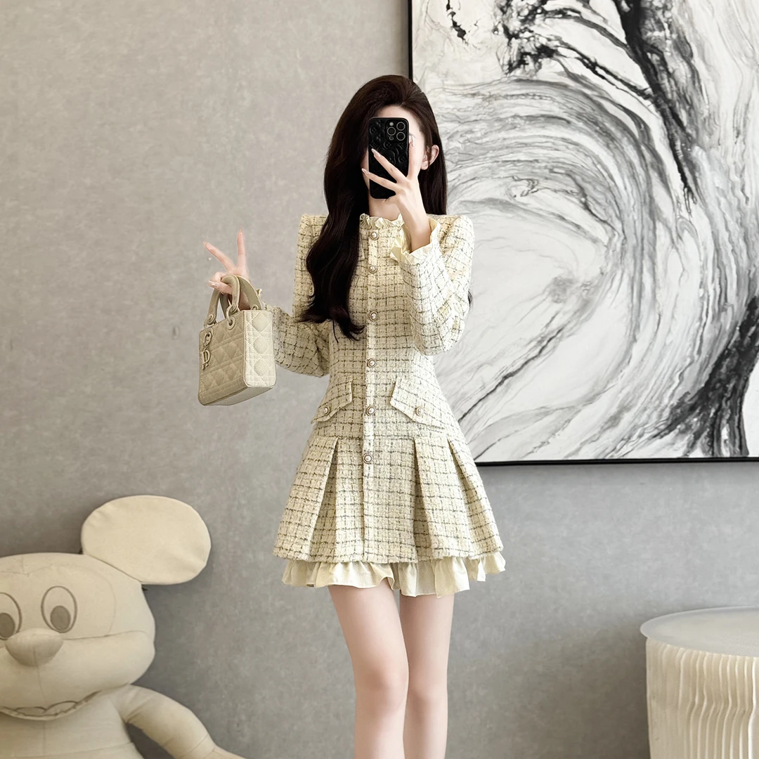 法式小香风粗花呢连衣裙女秋冬季高级感收腰A字裙名媛气质短裙子