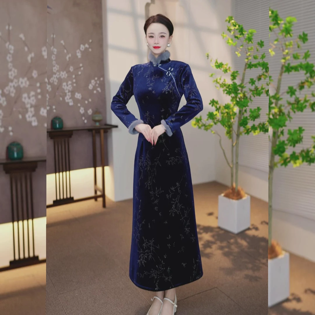 【YU-43】冬季加绒加厚国风显瘦长裙常规连衣裙女网红中长款时尚气