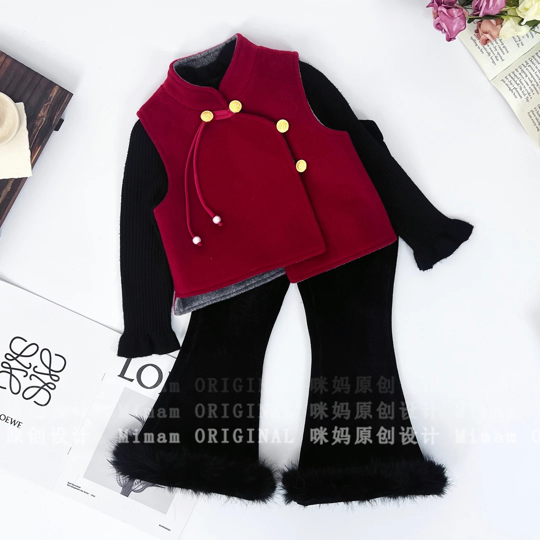 【胭脂扣】女童可爱风红色系双面马甲套装秋季时尚套装5Q540HON