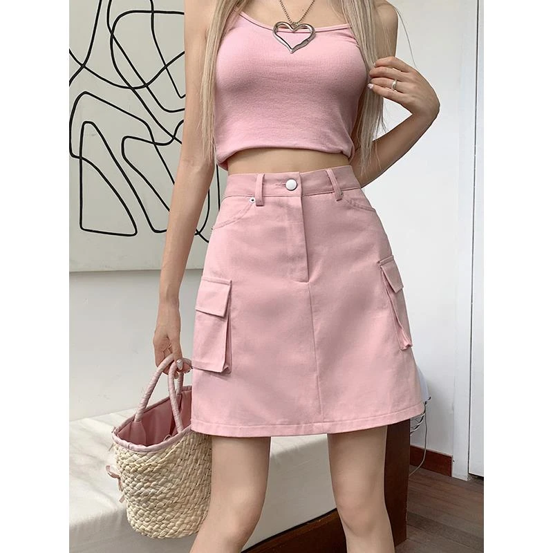 高腰工装牛仔短裙女胖mm夏季高腰遮肚子防走光a字短裙