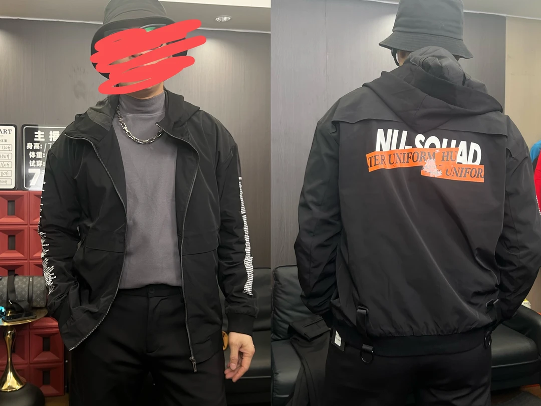 32239-男士运动休闲连帽防风印花拉链夹克外套户外黑色