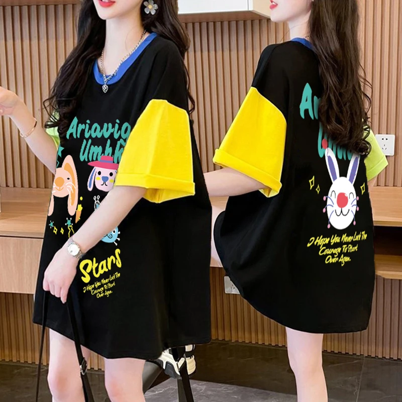 大码女装胖mm拼色纯棉短袖T恤女夏季新款韩版宽松百搭设计感上衣