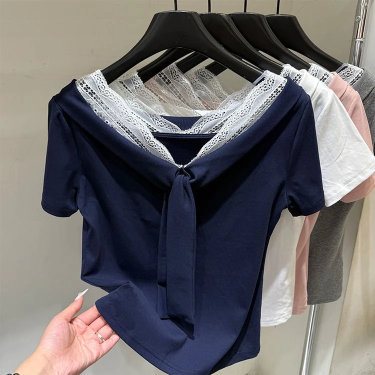 2025夏季新款韩版时尚百搭V领宽松显瘦蕾丝拼接纯欲慵懒风女装