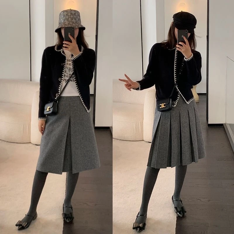 miu系高知风毛呢灰色a字百褶五分裙女秋冬两面穿高腰显瘦半身裙