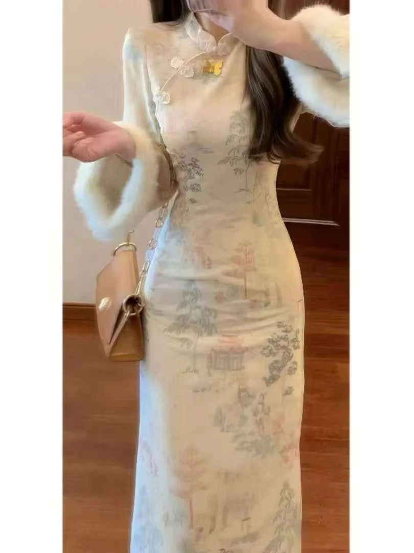 377#2025新款国风设计感改良旗袍新中式中国风加厚连衣裙显瘦长裙