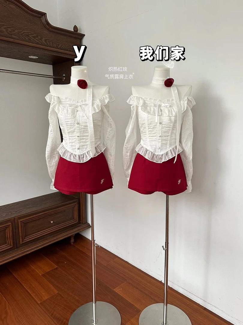 显瘦百搭气质时尚短款白色蕾丝衫女法式新款露肩性感上衣洋气长袖