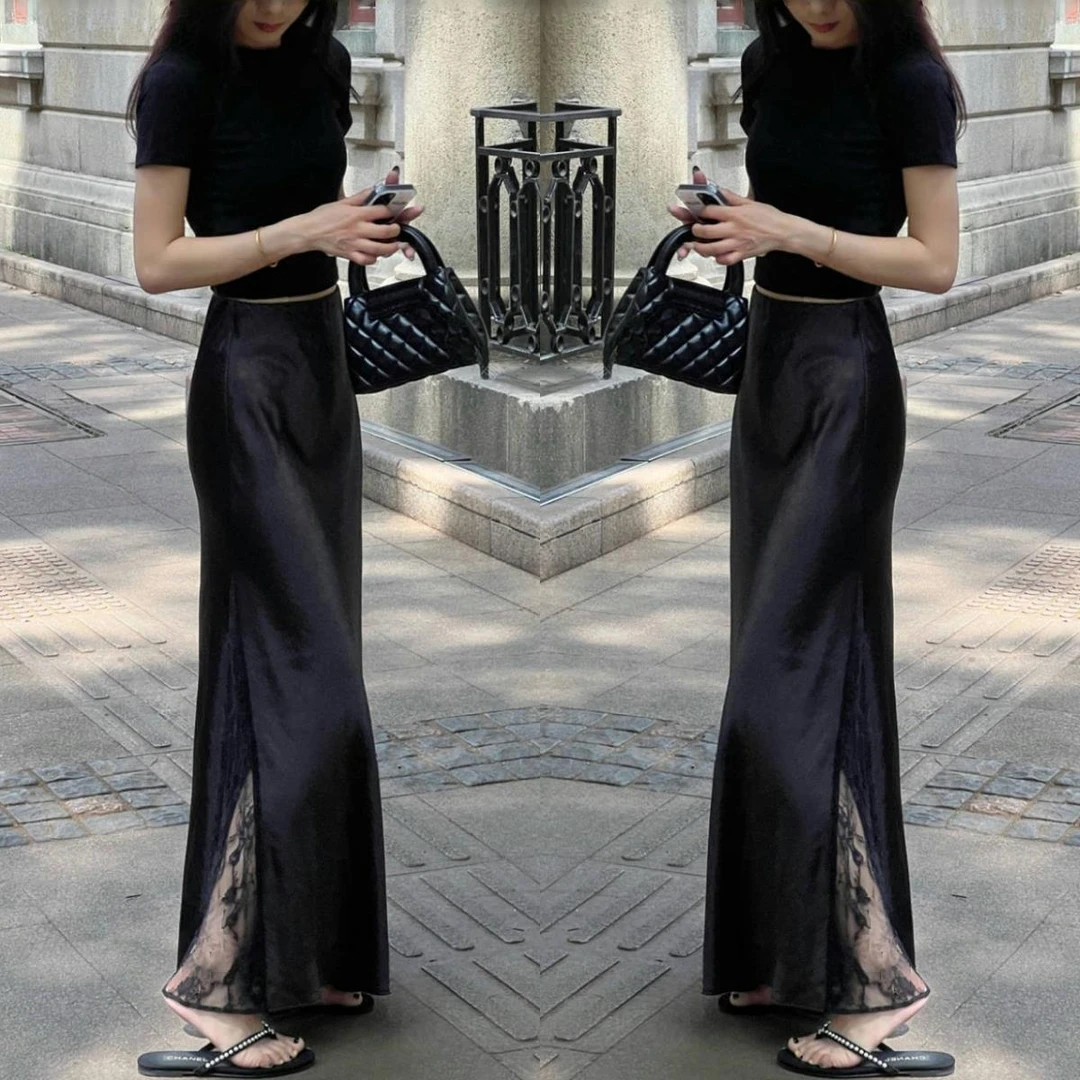 法式高级感蕾丝拼接醋酸黑色半身裙女夏季高腰显瘦中长缎面包臂裙