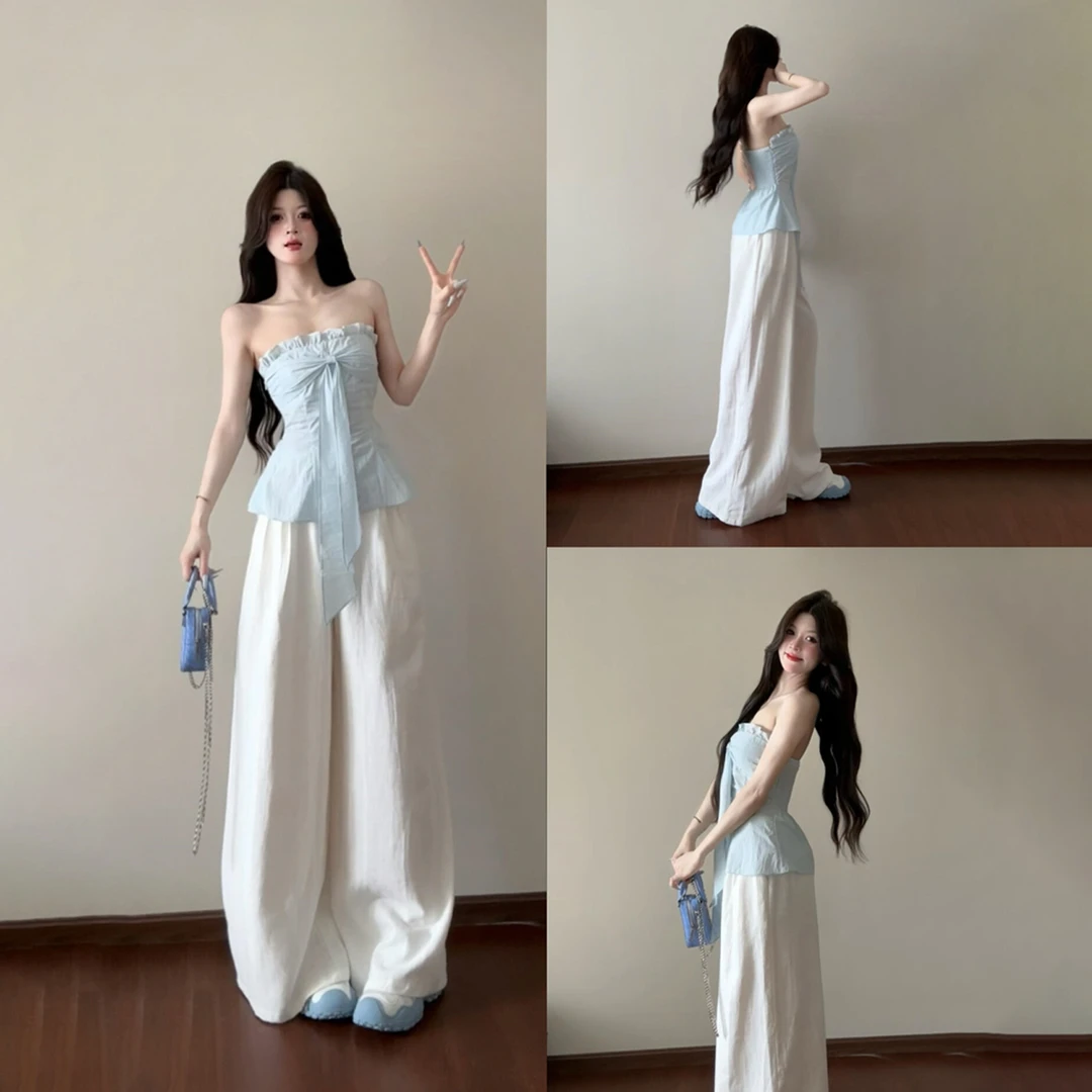 法式清纯辣妹纯欲风抹胸吊带背心女夏季新款蓝色设计感木耳边上衣