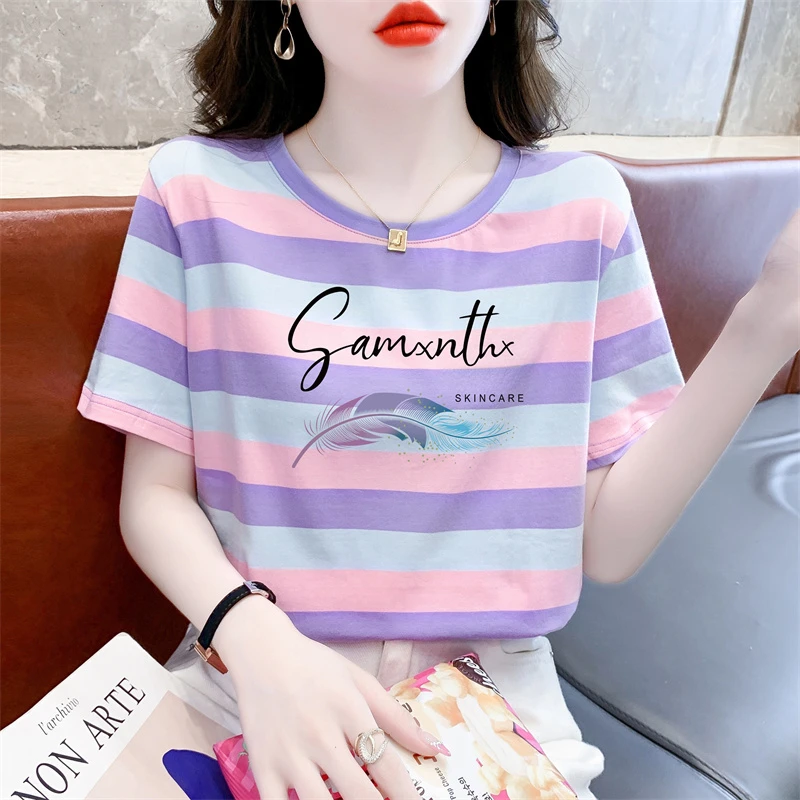 紫色宽条纹短袖T恤女新款宽松显瘦休闲百搭ins潮小众减龄夏季上衣