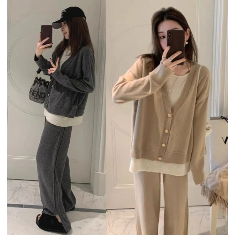 【安安】新款两件拼接针织毛衣秋冬慵懒温柔风气质宽松孕妇套装