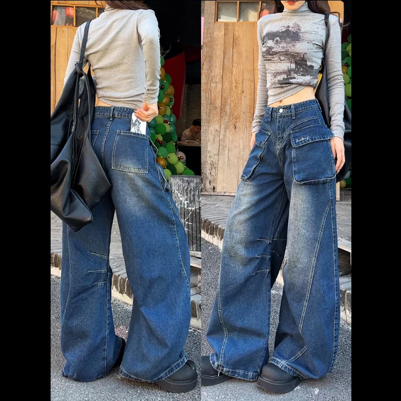 10069工装弯刀牛仔裤女2025年春季新款百搭高街休闲高腰宽松长裤