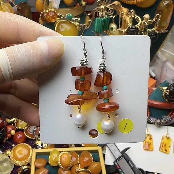 琥珀银S925镶嵌耳饰