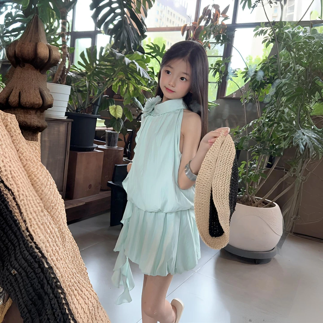 夏季女童无袖套装2025夏款无袖挂脖法式夏季短裙挂脖套装甜美韩版