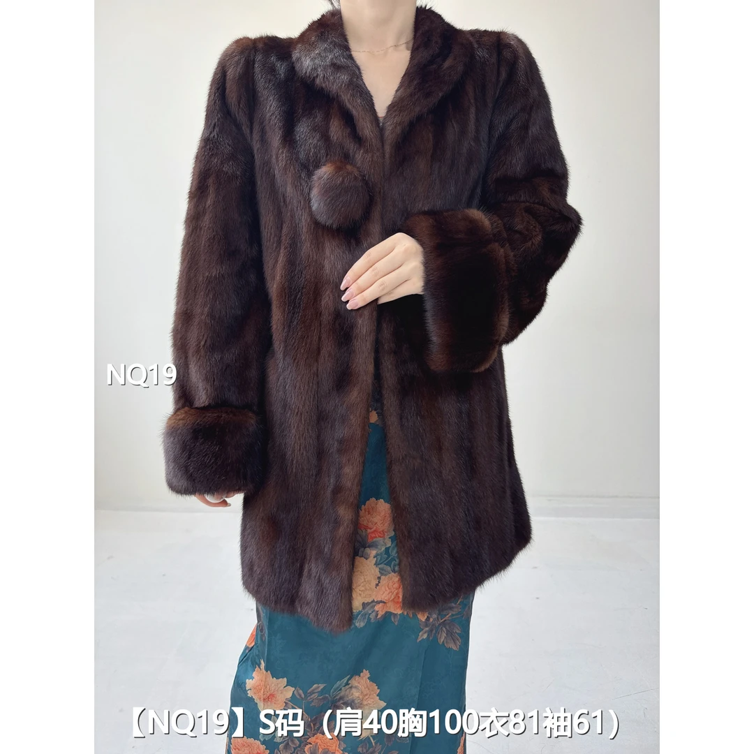 【NQ19】S 焦糖棕中长款全抽貂皮水貂外套女 翻领挽袖 15019
