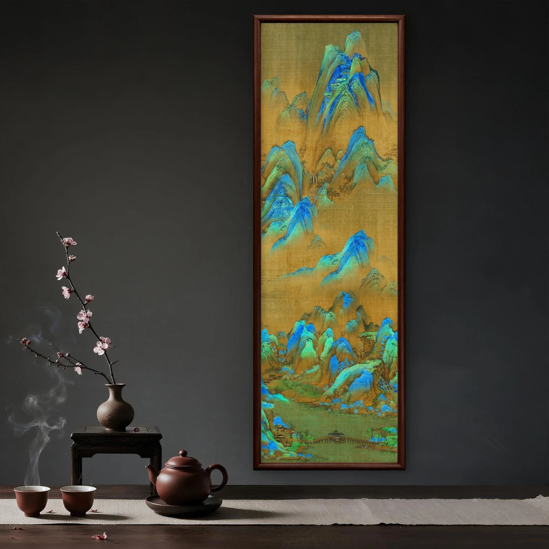 9696 -40*120千里江山竖版装饰画实木玄关书房茶室客厅挂画