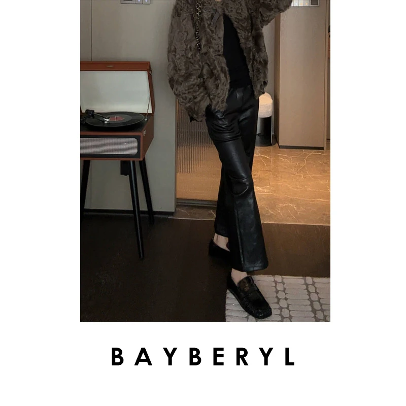 BAYBERY老贝弹力皮小直筒微喇松紧腰皮裤XXK3C0801-8/13