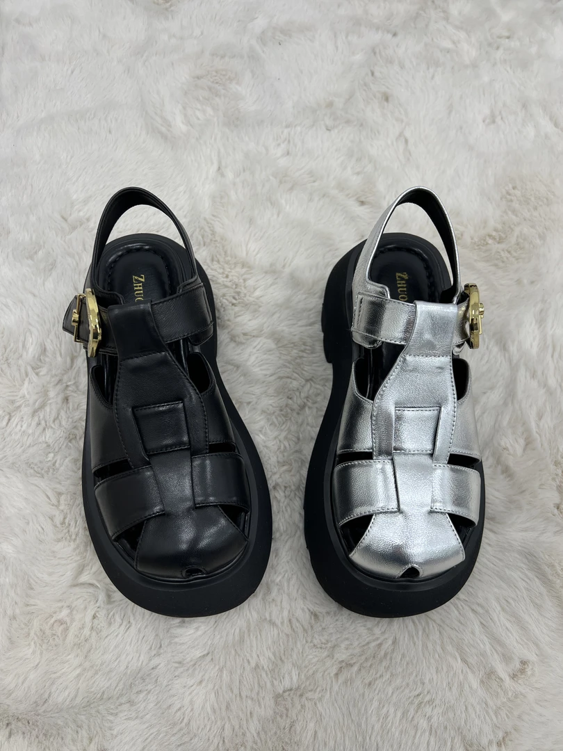 1802-3夏季羊皮增高8cm软底软面罗马凉鞋时尚百搭褐色凉鞋