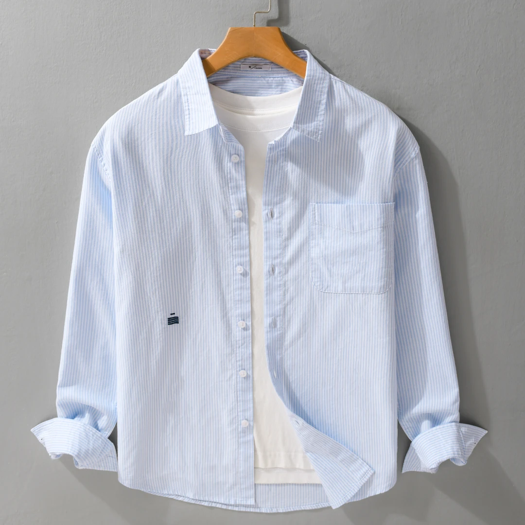 秋季条纹长袖衬衫男士宽松纯棉商务休闲百搭衬衣男潮流文艺薄款潮