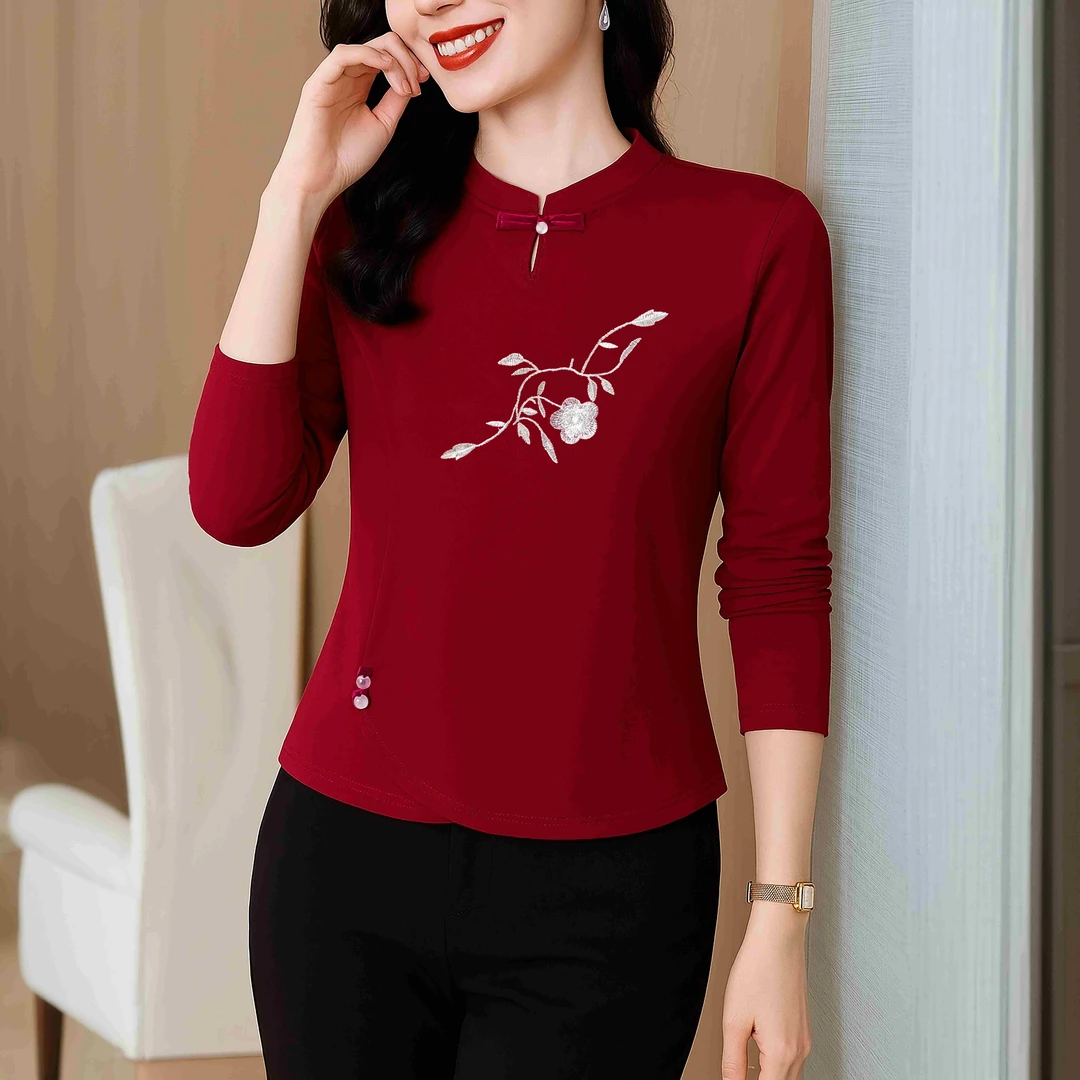 2025秋上新国风刺绣弹力显瘦螺纹棉长袖上衣打底衫