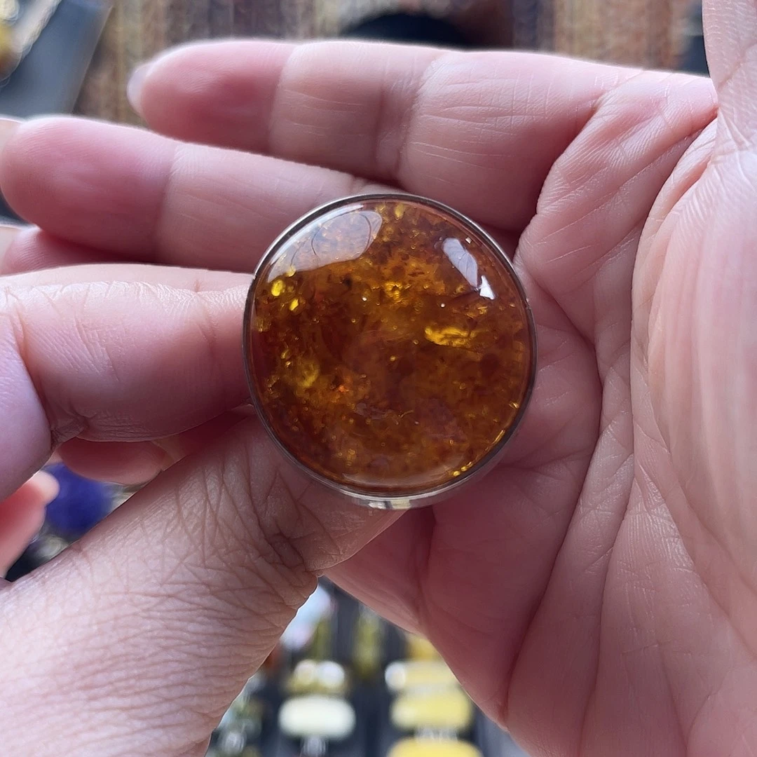 银S925镶嵌琥珀戒指戒指