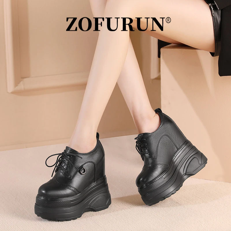 ZOFURUN16cm超高跟单鞋小个子内女鞋真皮防水台休闲厚底松糕鞋