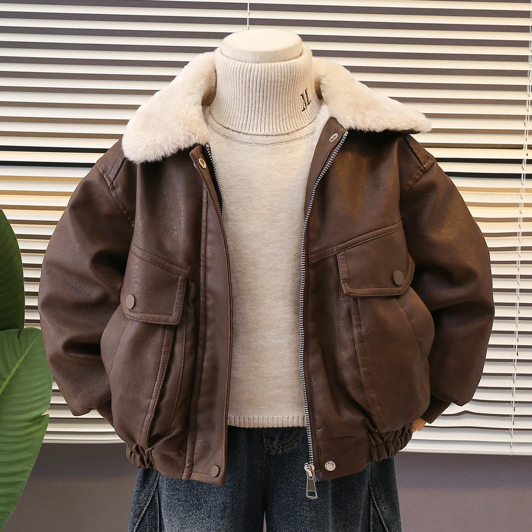 巴拉童年儿童男童秋冬外套加绒加厚2026新款皮衣冬季儿童机车夹克