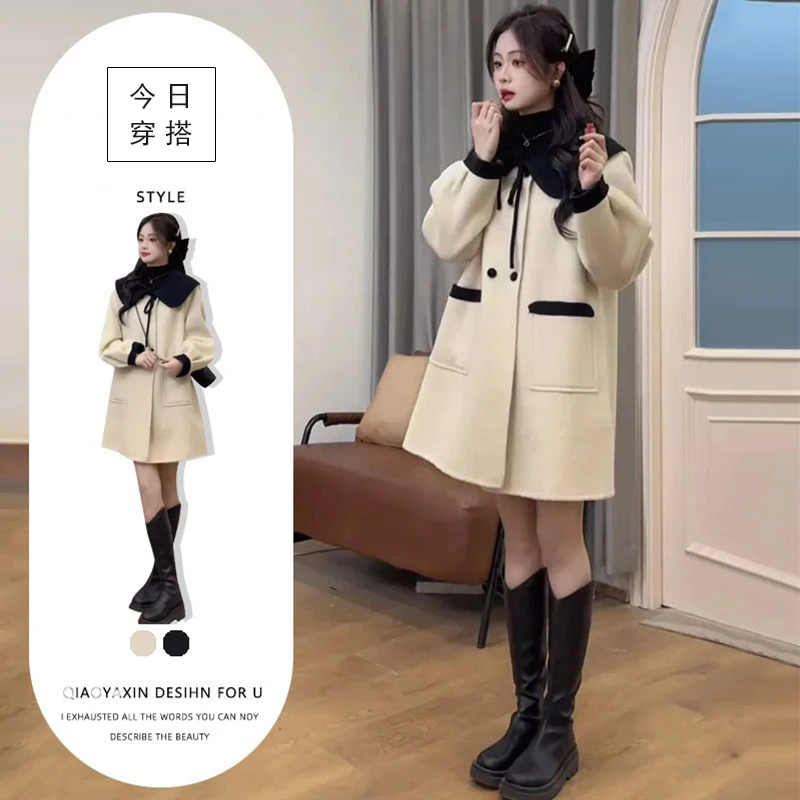 2024秋冬设计感别致娃娃脸撞色拼接外套欧美宽松小个子保暖大衣女