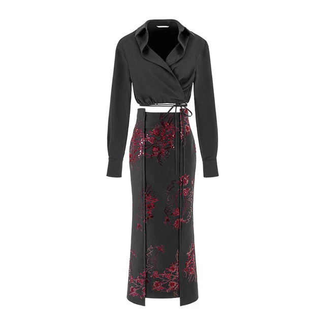 MAGGIEMA马婧设计师开春穿搭套装新中式亮片黑色半身裙套装裙814S