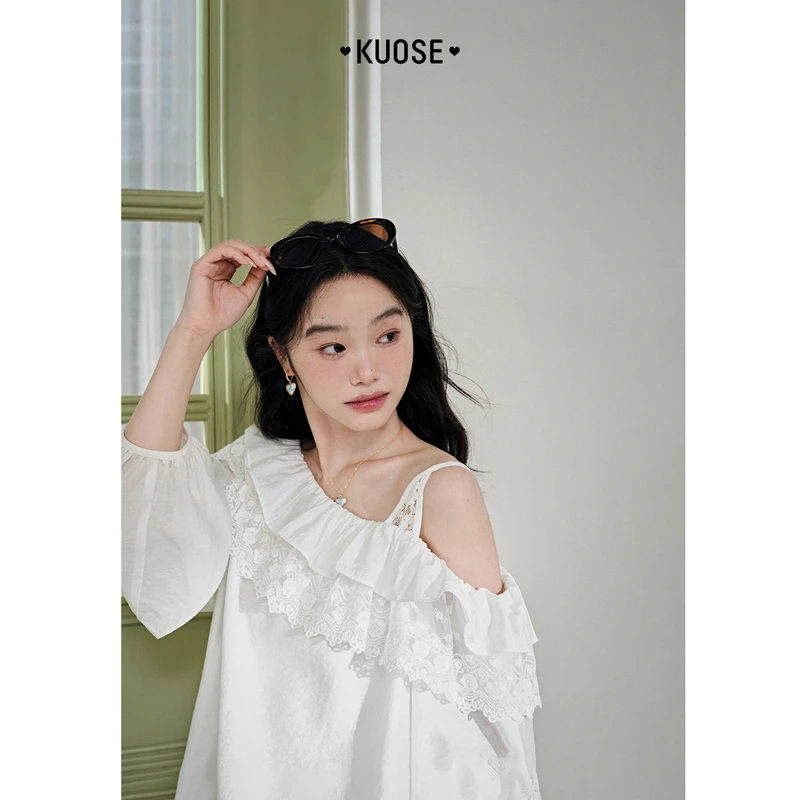 阔色露肩衬衫长袖衬衣2025夏新款斜肩上衣法式漂亮小衫KSL2505014