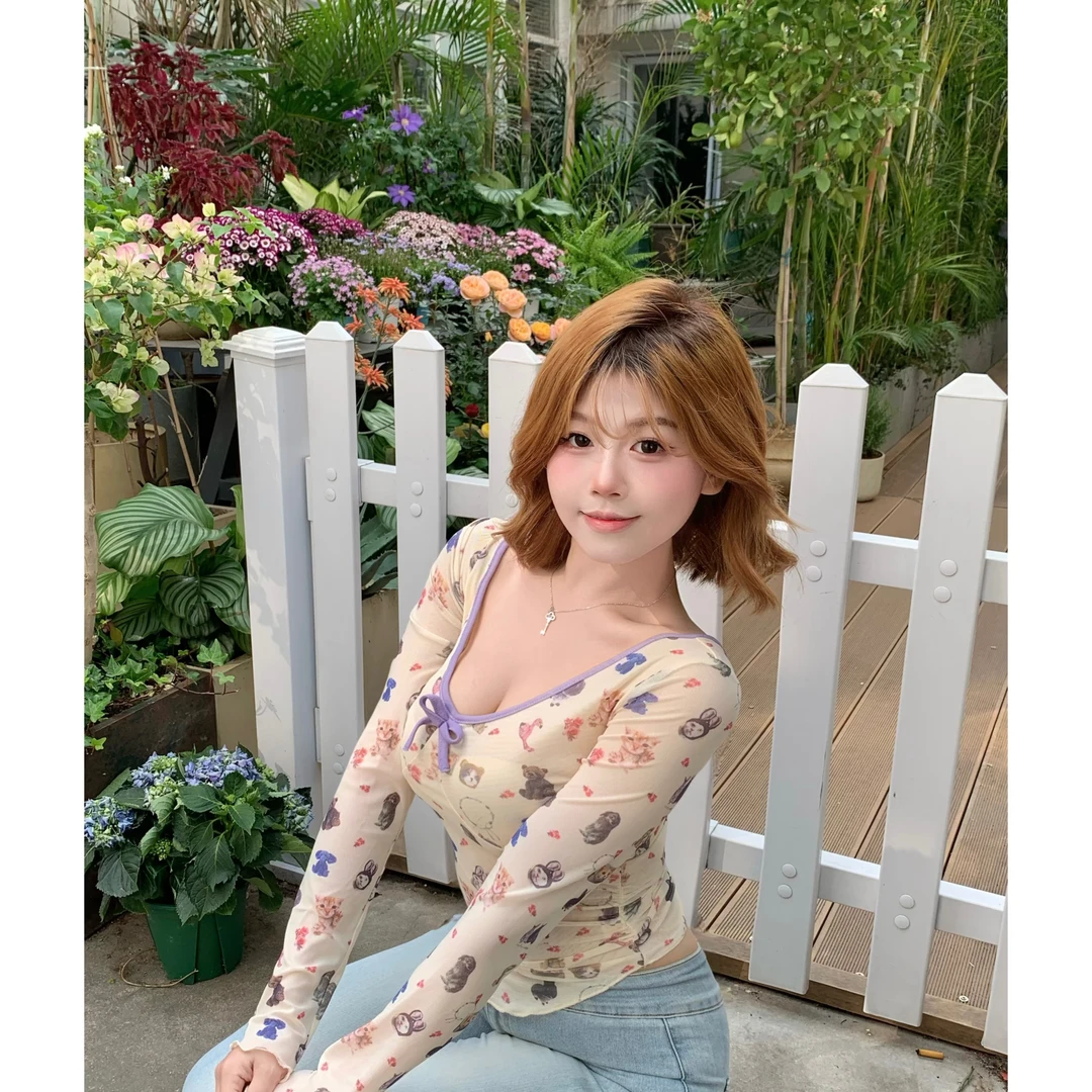 MengFairy清清【纯欲喵咪】纯欲风趣V领卡通猫咪绑带上衣3661M套&装