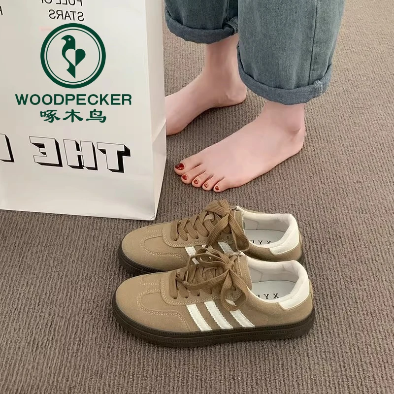 啄木鸟网红系带平底板鞋女2025春秋新款韩版德训鞋舒适休闲运动鞋