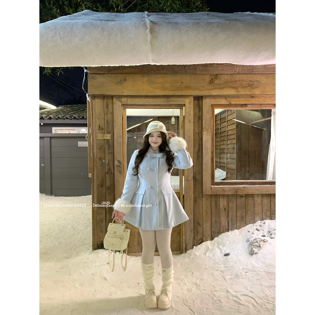 SWEET【奥黛莉日记】微胖富家千金小香收腰显瘦毛呢连衣裙外套