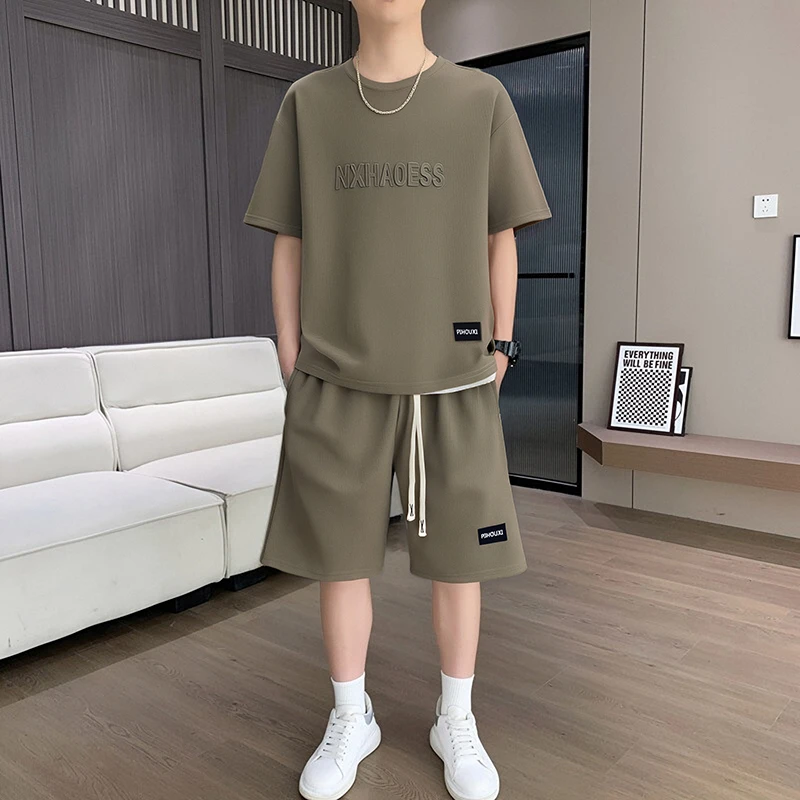 夏季潮流休闲运动短袖套装男士薄款宽松半袖夏装字母钢印圆领T恤