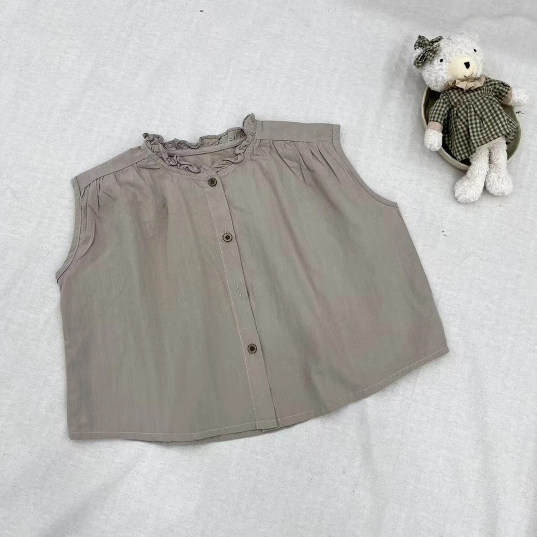 〖姐姐家〗2025夏款儿童萌娃穿搭无袖素色娃娃衫衬衫26509