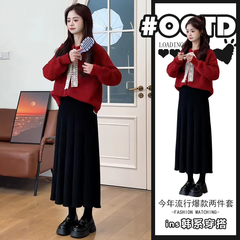 奶系穿搭炸街套装秋冬新款圣诞红蝴蝶结毛衣+高腰中长款半身裙女