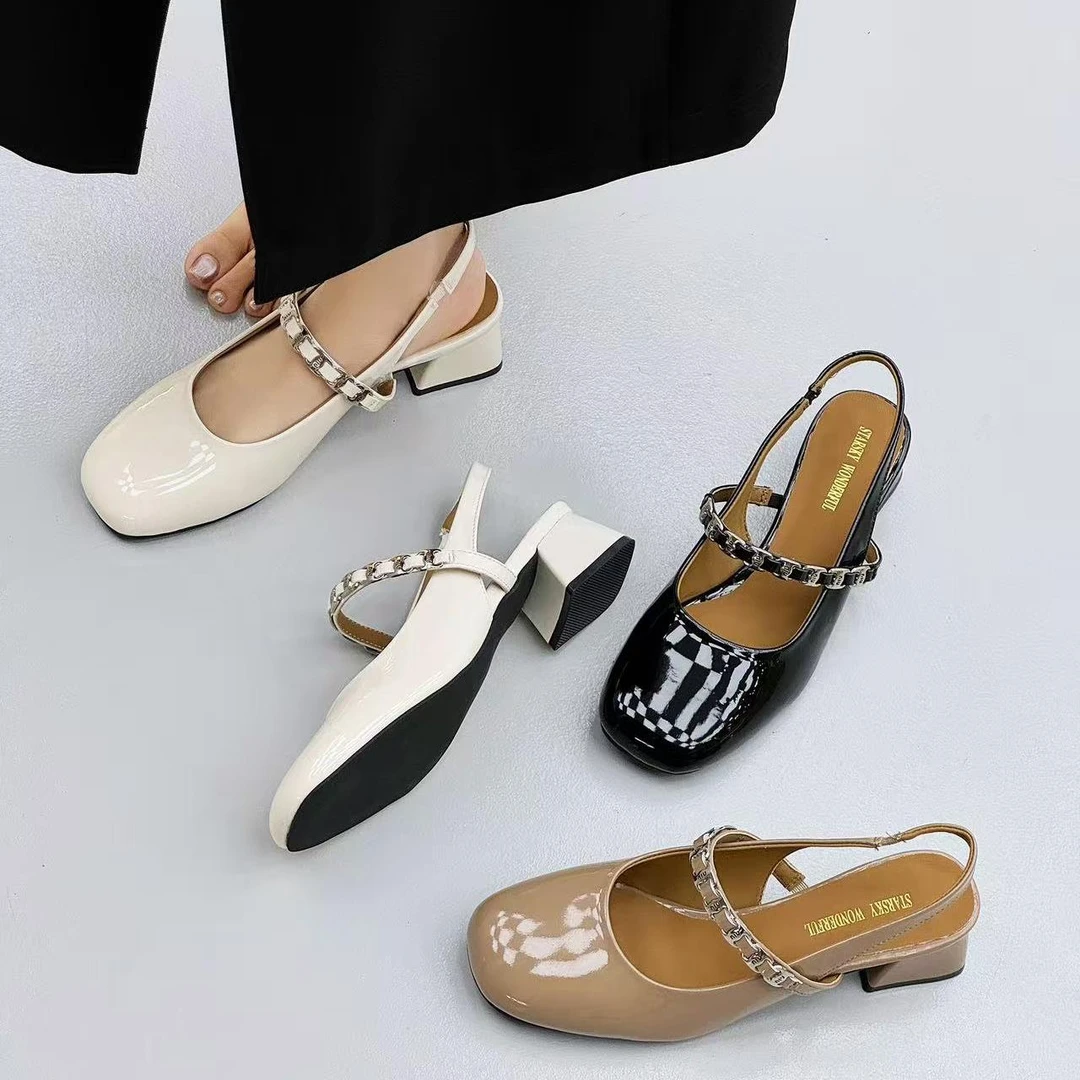 2563夏季粗跟玛丽珍鞋单鞋银色平底鞋低跟休闲百搭新中式