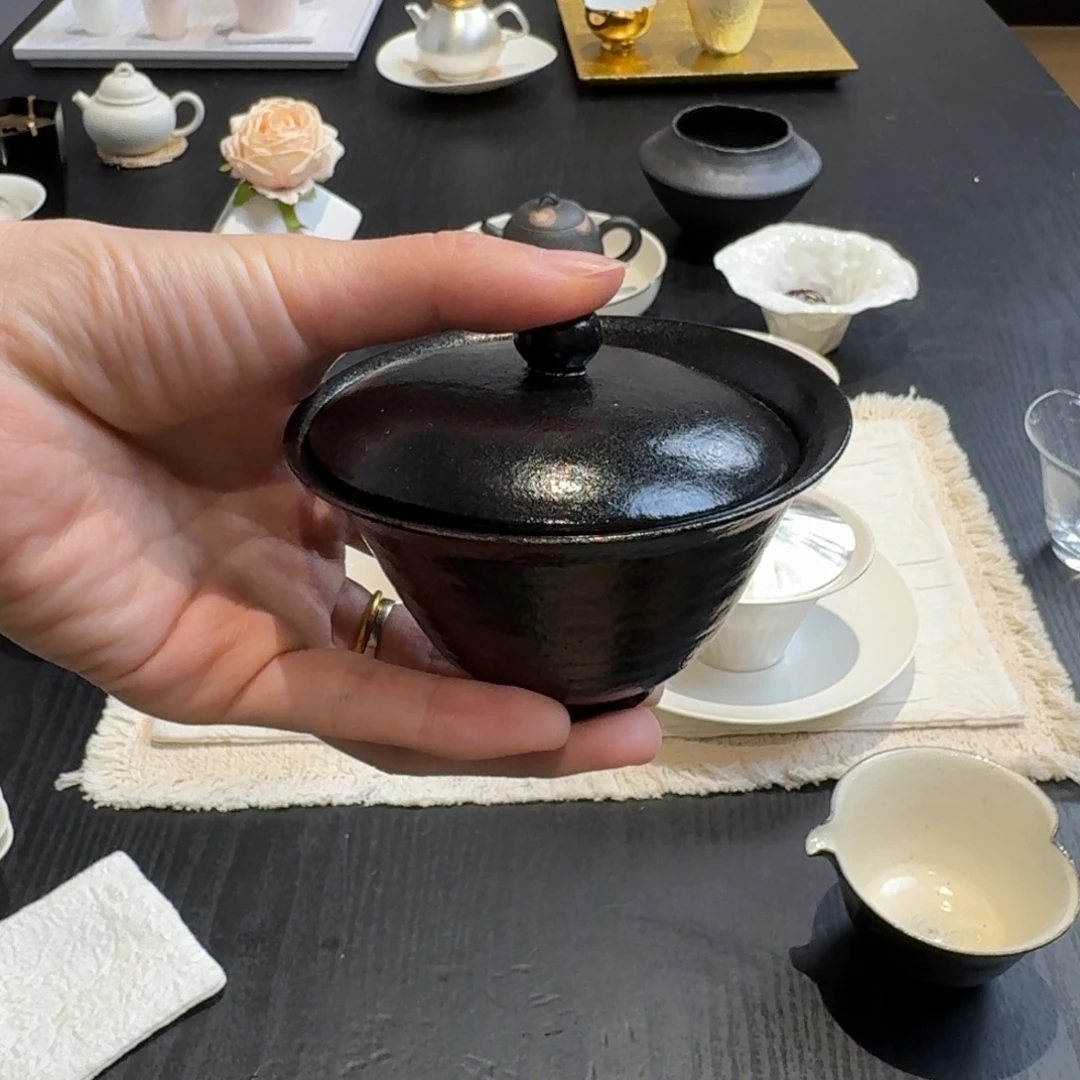 孤品黑陶黑色盖碗