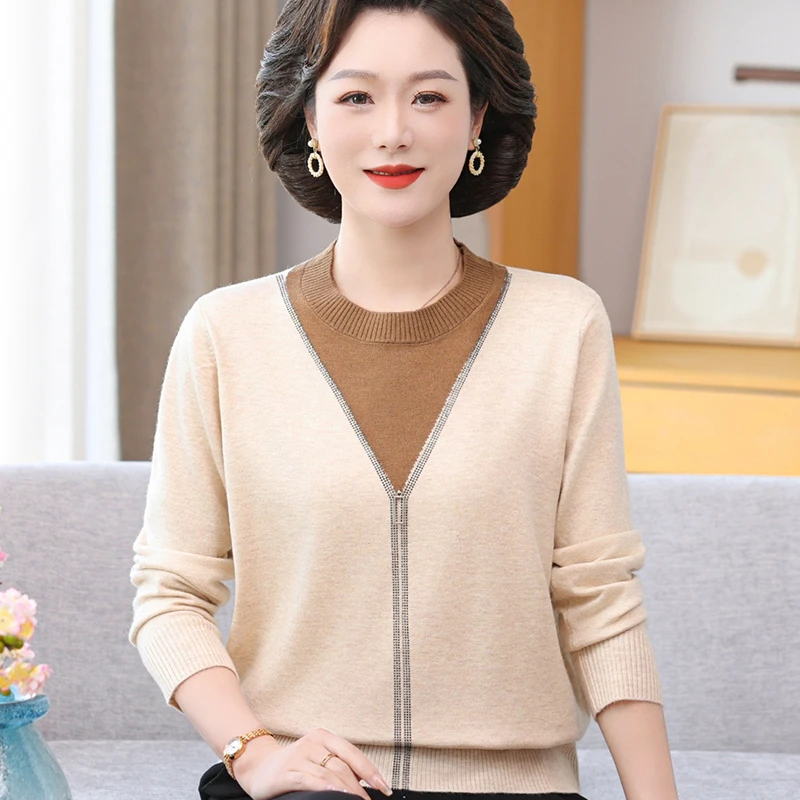 中老年妈妈女装时尚假两件圆领针织打底小衫春秋季减龄毛衣上衣服