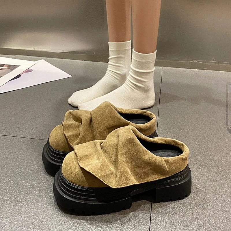 欧货2025秋季新款荷叶边走秀款包头半拖鞋JK小皮鞋小个子增高女鞋