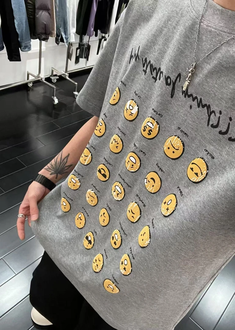 【断码清】YJNINESEVEN美式高街巴黎灰笑脸做旧脏脏短袖T恤夏季9906