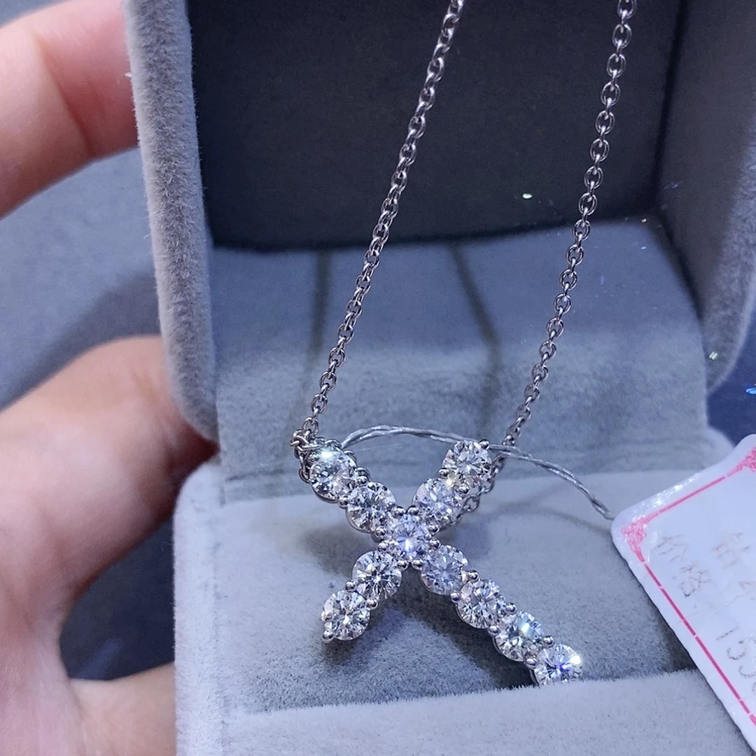 颈饰钻石18K金镶嵌十字架项链k白满钻